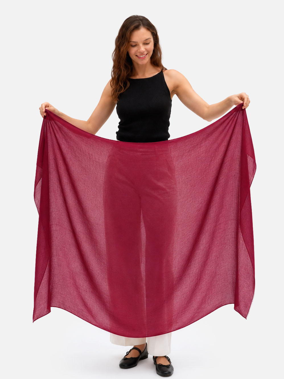 Square - Featherlight Solid Cashmere Scarf - Wine Red
