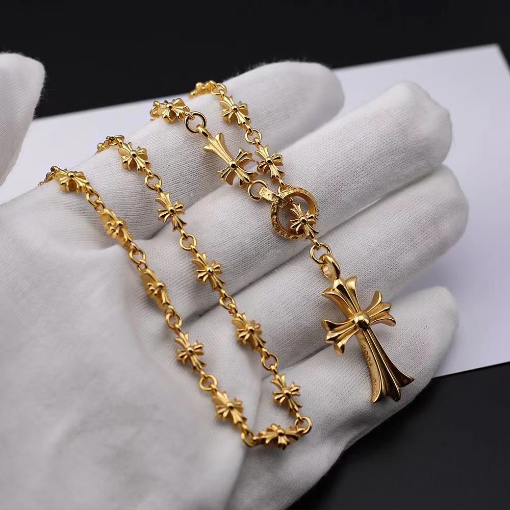 chrome hearts 22k gold S925 silver cross flower necklace