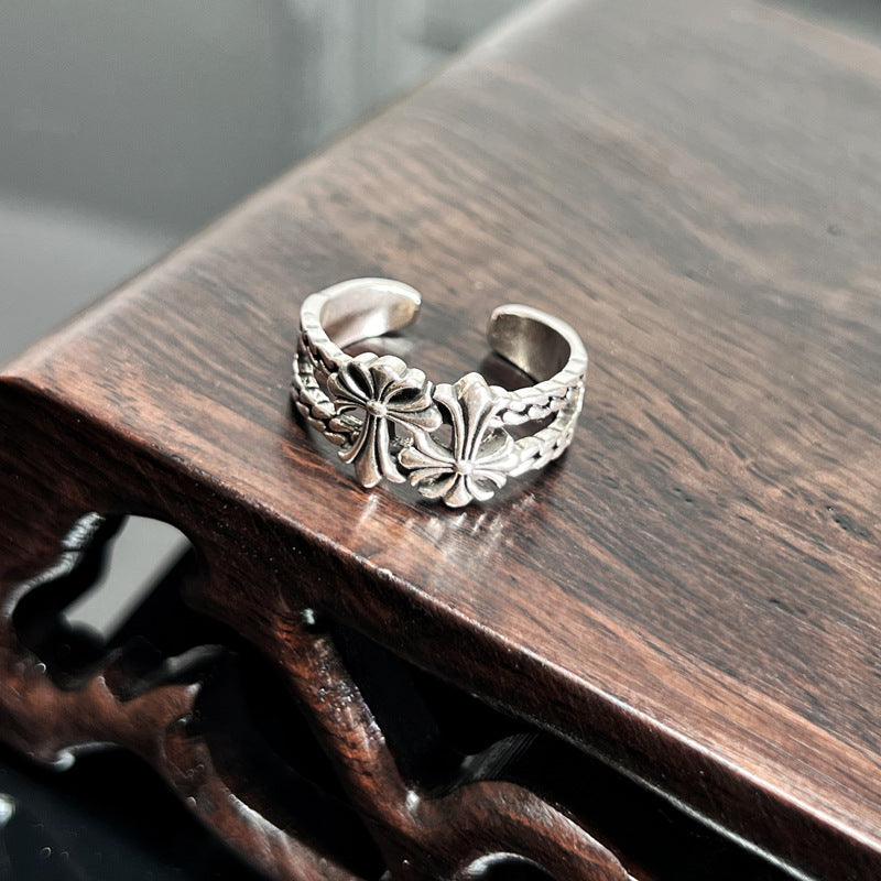 Chrome Hearts distressed iris cross open adjustable ring